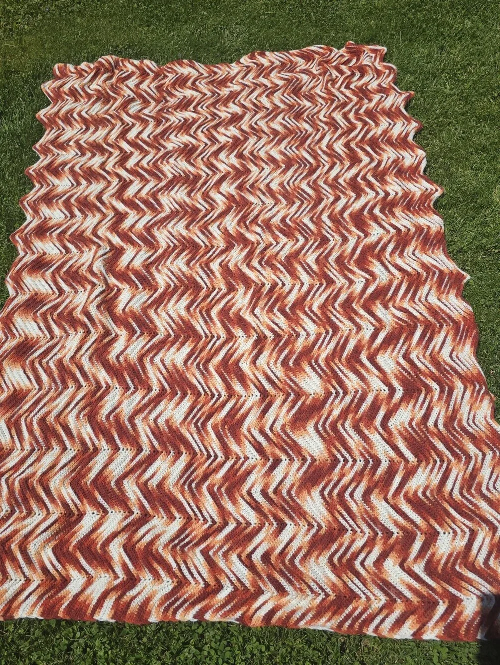 Vtg Handmade Afghan Crochet Earth Colors Zig Zag Chevron Blanket Throw 54x82